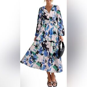 Floral Blue, Green, & White Long Sleeve Midi Dress NWT Sz XL Bust 47” Retails$69